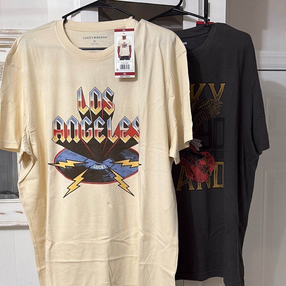 NWT 2 Lucky Brand Men's Graphic T-Shirts 1 Cream and 1 Gray.